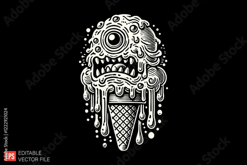 monster ice cream Black and white silhouette Illustration vector design