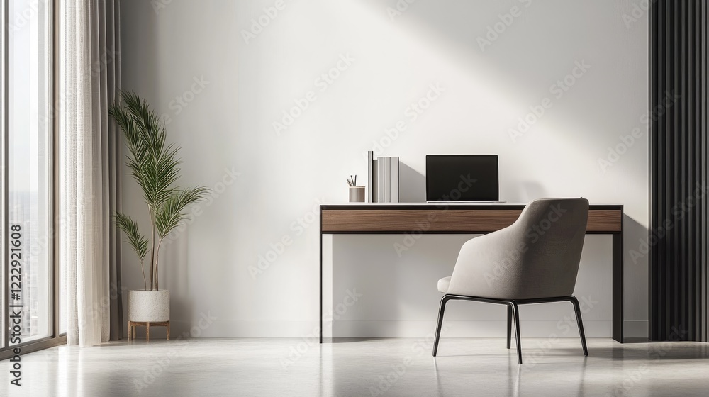 Fototapeta premium Modern Home Office Setup with Open Laptop and Minimalist Design Featuring Blank Workspace Ideal for Designers and Creative Projects
