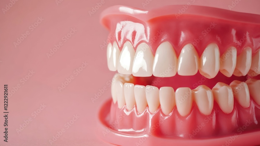 Obraz premium Close up of vibrant dentures showcasing bright white teeth on a soft pink background with space for promotional text or health messages