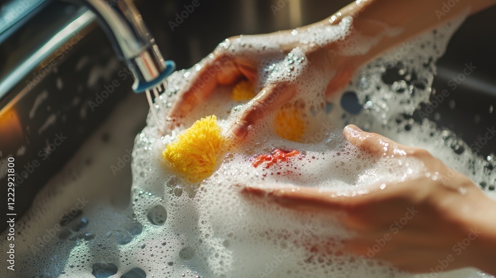 Fototapeta premium Hands washing dishes in a sink with sponges surrounded by soap bubbles and plenty of clear space for text or branding.