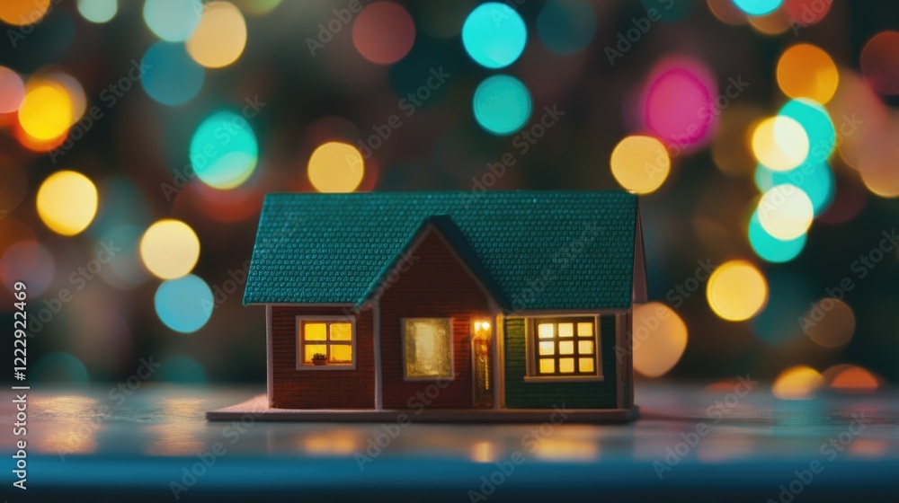 Close up of a miniature house model with green roof illuminated against vibrant bokeh background and blank space for custom text overlay Close up of a miniature house model with green roof illuminated against vibrant bokeh background and blank space for custom text overlay