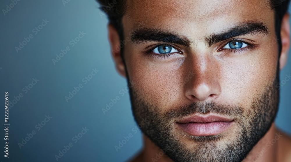 Fototapeta premium Portrait of a handsome male model with striking blue eyes ideal for fashion beauty campaigns and healthcare advertising featuring blank space for text.