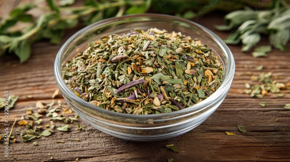 Fototapeta premium Organic dried medicinal herbs for homemade therapeutic herbal tea preparation in a glass bowl on a rustic wooden surface.