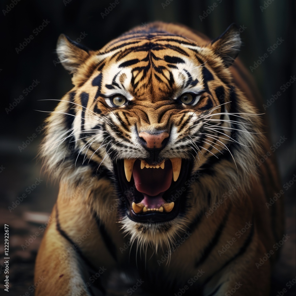 Fototapeta premium Angry Tiger Roaring in the Wild. Ferocious Carnivore, Mammal and Predator of Nature