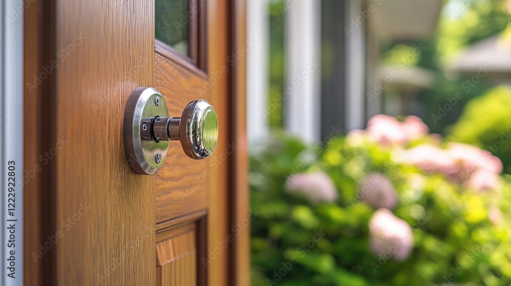 Obraz premium Detail of a door locking system with a blurred garden background in a secure community showcasing home security features.