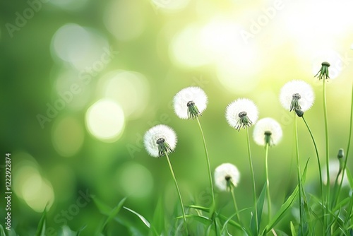 Field of dandelions with a bright green background