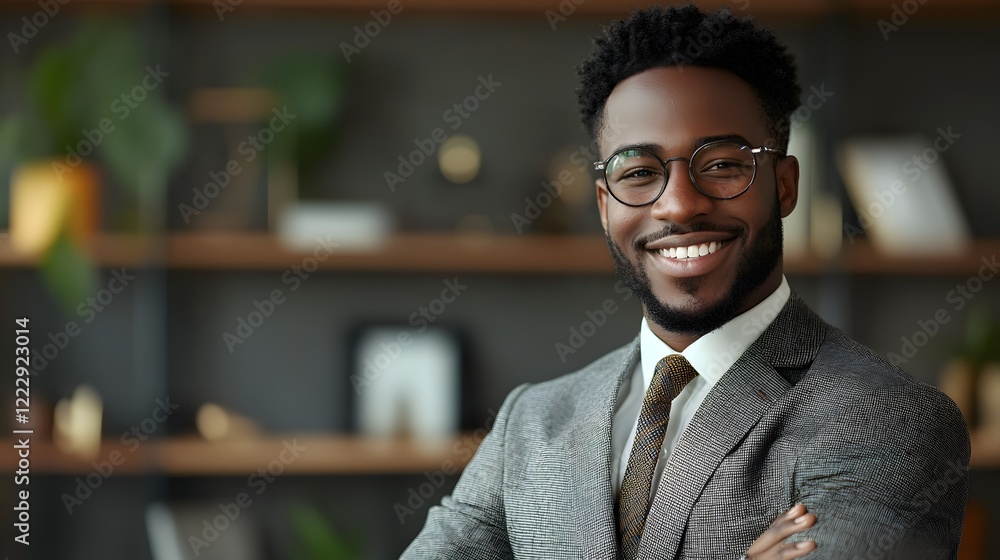 Fototapeta premium Confident Young Professional with Glasses Smiling in Modern Office