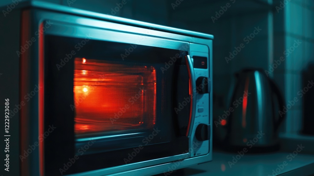 Fototapeta premium Modern microwave oven in a kitchen setting illuminated with warm light showcasing functionality and design with space for text or branding