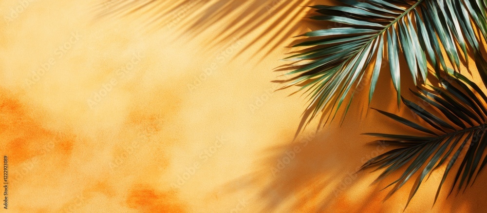Tropical beach scene with palm leaf shadows on vibrant sea background ideal for summer vacation advertising or promotional content Tropical beach scene with palm leaf shadows on vibrant sea background ideal for summer vacation advertising or promotional content