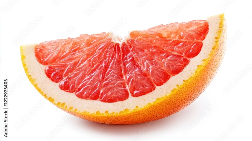 Close up of a fresh grapefruit segment showcasing vibrant red flesh on a clean white background ideal for food and health promotions Close up of a fresh grapefruit segment showcasing vibrant red flesh on a clean white background ideal for food and health promotions
