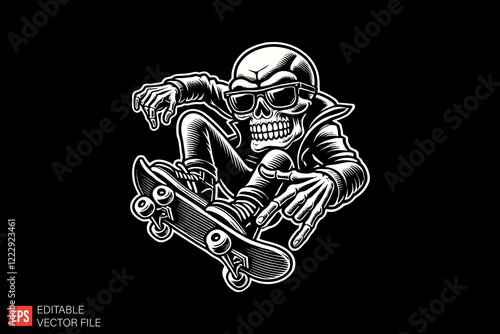 Skeleton Playing Skateboard Black and white silhouette Illustration vector design