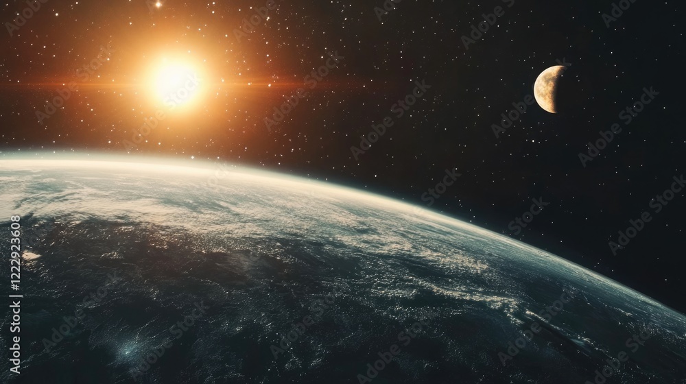Obraz premium Celestial solar eclipse view from space highlighting the Sun and Moon in a starry cosmic landscape concept in astronomy and natural phenomena.