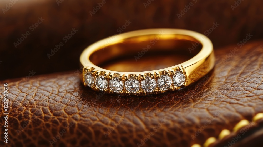 Elegant gold ring adorned with diamonds resting on a textured brown leather surface with ample space for personalized text or branding Elegant gold ring adorned with diamonds resting on a textured brown leather surface with ample space for personalized text or branding