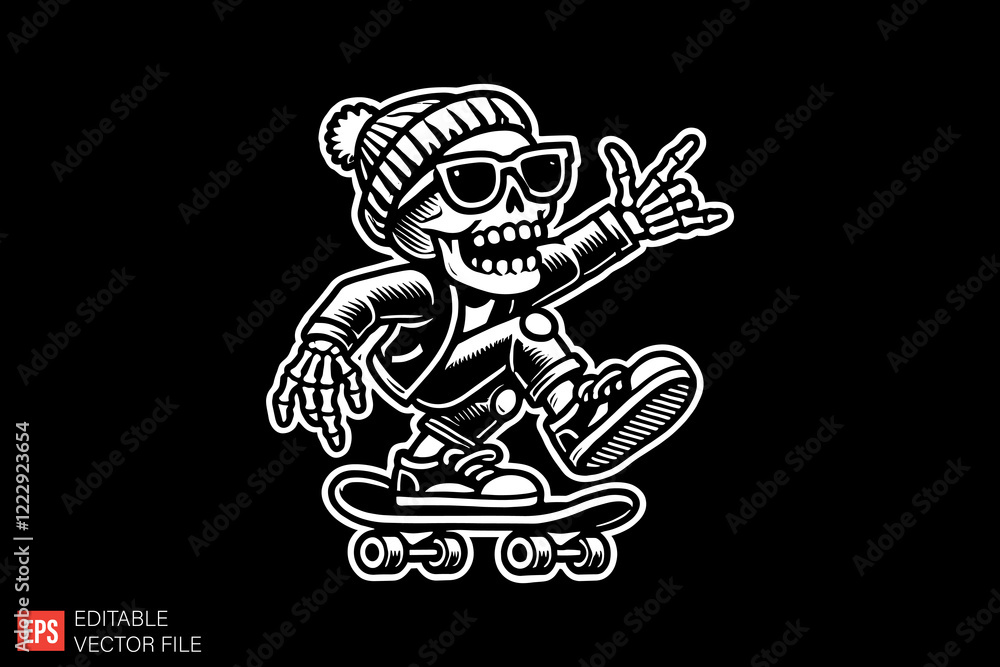 Fototapeta premium Skeleton Playing Skateboard Black and white silhouette Illustration vector design