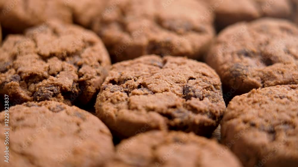 Homemade chocolate biscuits stacked in a rows. Crispy crumbly cookies with cocoa ingredient. Macro shot. Rotation