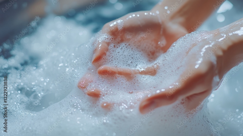 Hands in soapy water washing linen emphasizing cleanliness hygiene and laundry process with copy space for text in a household setting Hands in soapy water washing linen emphasizing cleanliness hygiene and laundry process with copy space for text in a household setting