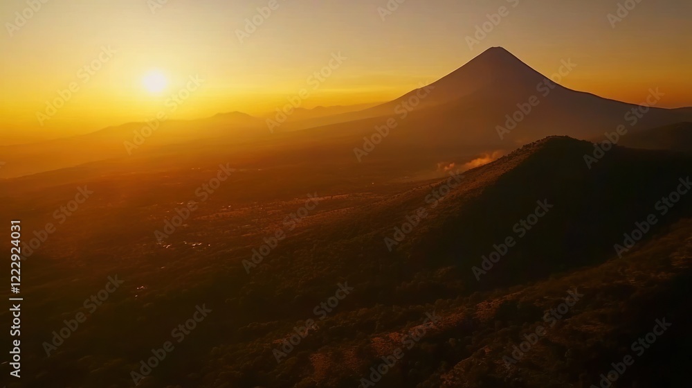 Golden Hour at Volcano Majestic Landscape Scenery with Mountain Peak Silhouette and Sun Golden Hour at Volcano Majestic Landscape Scenery with Mountain Peak Silhouette and Sun