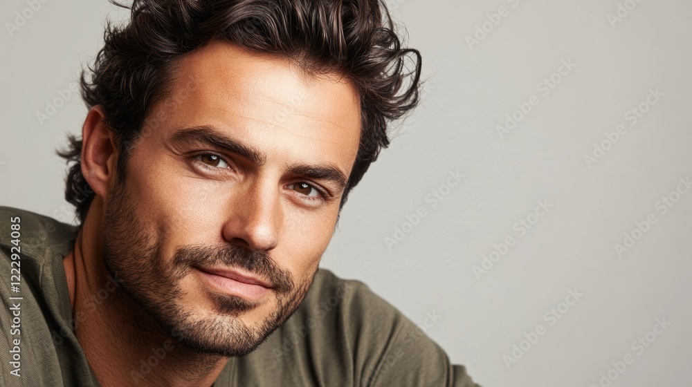Fototapeta premium Portrait of a stylish man with dark hair and a charming smile against a neutral background ideal for adding text or captions.