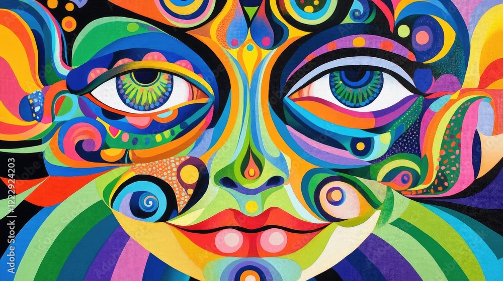 Fototapeta Surreal Artistic Portrait of a Colorful Monarch with Psychedelic Patterns and a Wide Eyed Gaze Reflecting Hallucinations and Enigmatic Thoughts