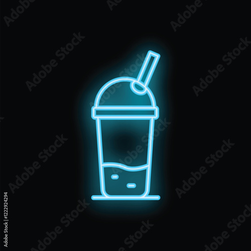 Blue neon sign of a soda in a plastic cup with a straw on a black background