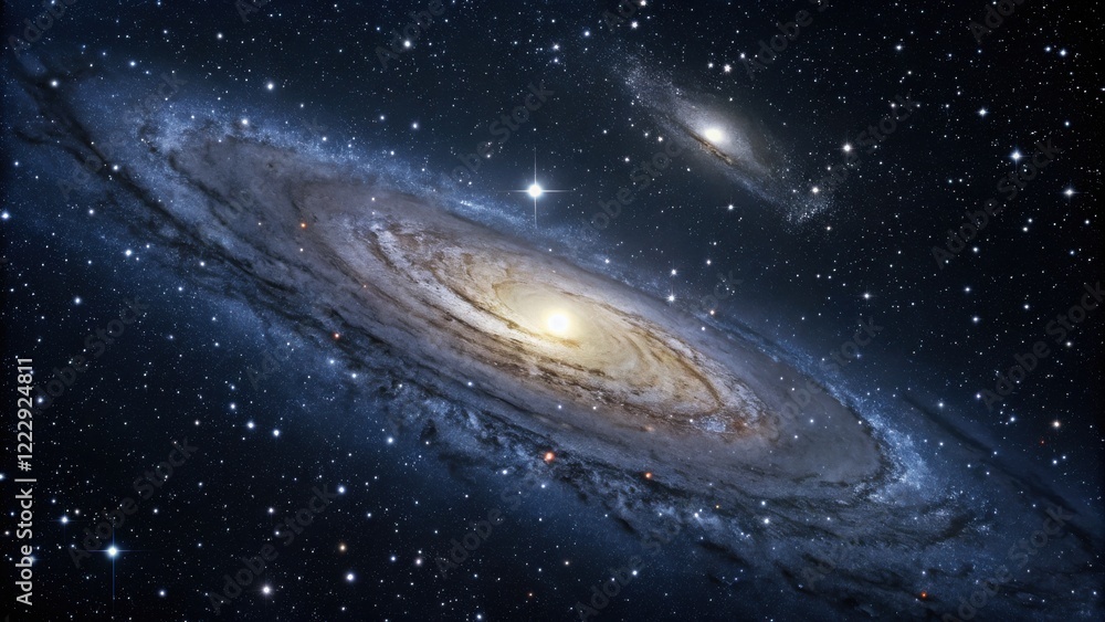 Fototapeta premium Cosmic Tapestry: A breathtaking image of the Milky Way galaxy, a mesmerizing swirl of stardust, gas and light, stretching across a deep blue expanse, illuminating the vastness of space. 