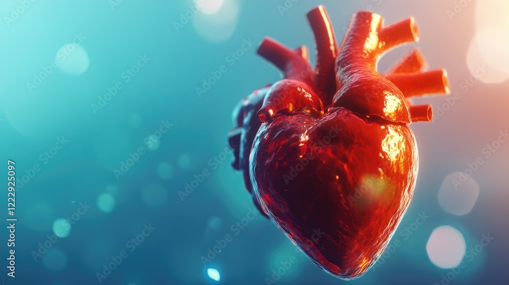 Close up of a realistic human heart model with vibrant bokeh background for healthcare and medical advertising copy space Close up of a realistic human heart model with vibrant bokeh background for healthcare and medical advertising copy space