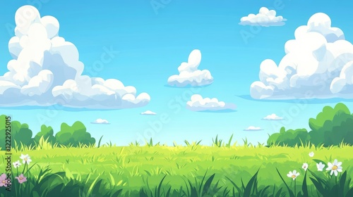 Pastoral landscape featuring vibrant green grass under a bright blue sky adorned with fluffy clouds and colorful wildflowers in the foreground