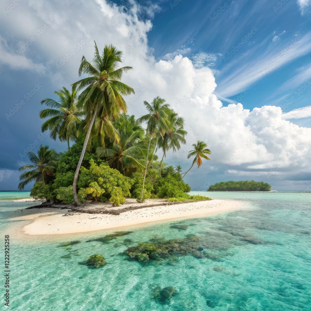 Obraz premium Secluded Tropical Paradise: A tranquil, untouched island emerges from crystalline turquoise waters, adorned with lush palm trees swaying gently in the tropical breeze, promising serenity and escape.