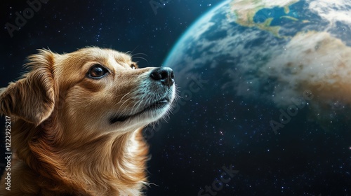 Cosmic dog astronaut contemplating space exploration with Earth in the background symbolizing adventure and curiosity in the universe photo