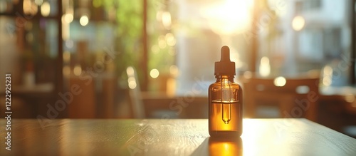 CBD oil bottle with dropper on a table illuminated by sunlight creating a minimalist blurred background for advertising and promotional content