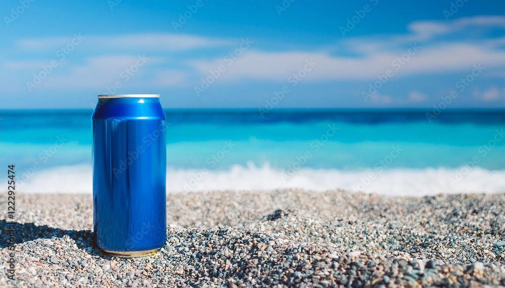 Blue aluminum can on gravel beach. Beer or soda drink package. Blue sea or ocean on backdrop Blue aluminum can on gravel beach. Beer or soda drink package. Blue sea or ocean on backdrop