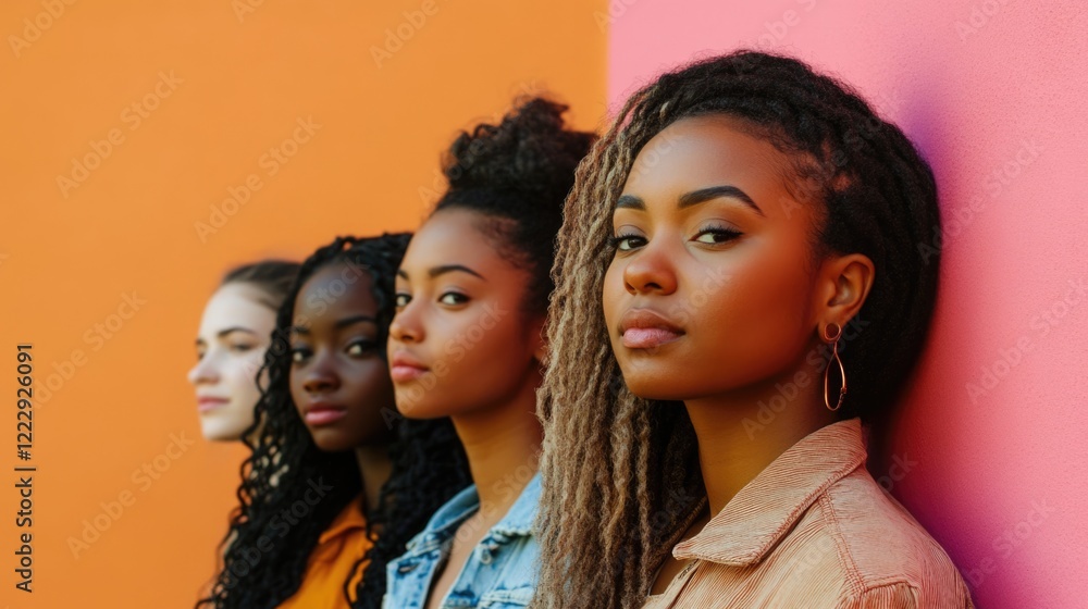 Obraz premium Diverse Women of Color Standing in Unity Highlighting Collaboration and Empowerment with Copy Space for Text