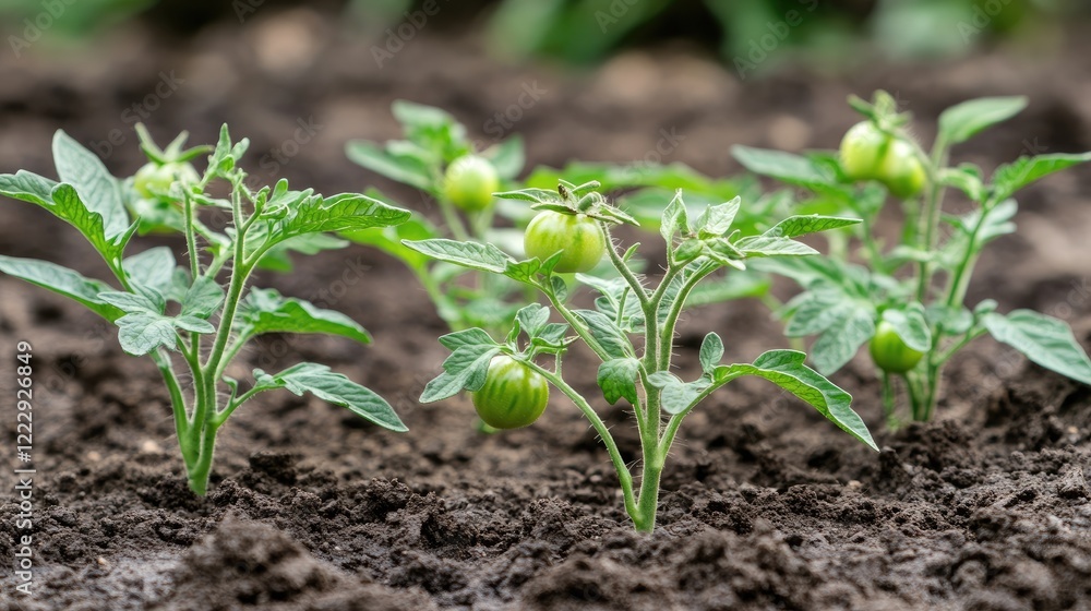 Budding tomato plant with green fruit showcasing vibrant leaves and soil background ideal for gardening and agricultural themes Budding tomato plant with green fruit showcasing vibrant leaves and soil background ideal for gardening and agricultural themes
