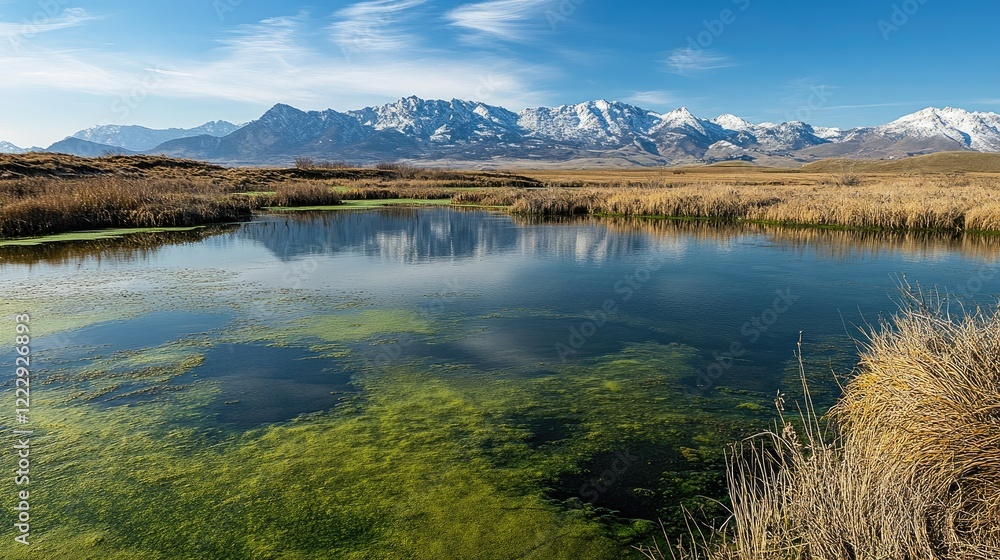 Serene pond surrounded by mountains and grasslands under a clear blue sky with reflections and ample copy space for text or branding Serene pond surrounded by mountains and grasslands under a clear blue sky with reflections and ample copy space for text or branding