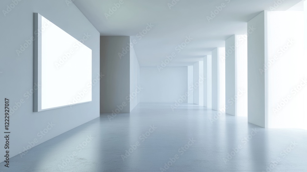 Minimalistic modern gallery interior with blank wall space ideal for data presentation or artistic display and ample copy space for text or visuals Minimalistic modern gallery interior with blank wall space ideal for data presentation or artistic display and ample copy space for text or visuals