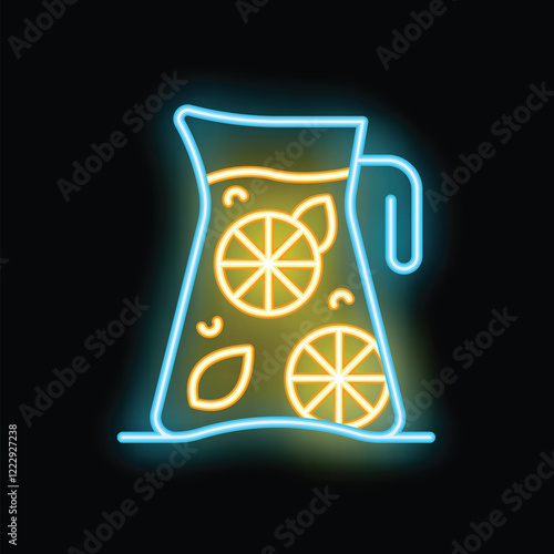 Bright and colorful neon sign depicting a pitcher full of lemonade with lemon slices, glowing on a dark background
