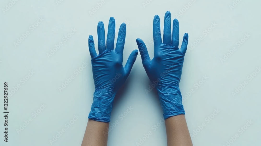 Obraz premium Medical gloves on hands against a light background for healthcare, safety, or hygiene concepts with space for text or branding.