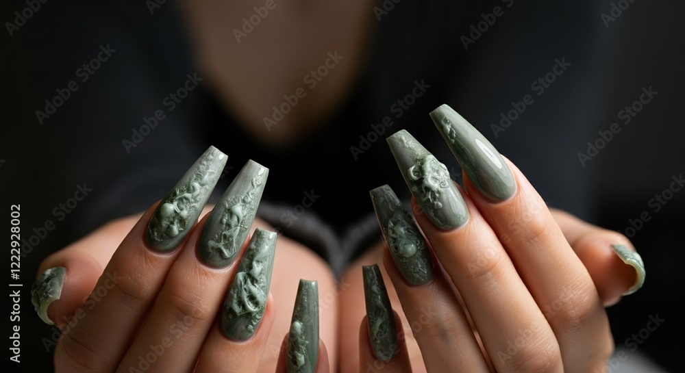 Elegant green nails with intricate designs showcasing modern nail art Elegant green nails with intricate designs showcasing modern nail art