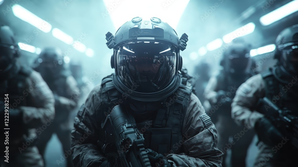 A futuristic military unit stands alert, equipped with advanced technology and gear, ready to execute a mission in an environment filled with dramatic lighting effects. A futuristic military unit stands alert, equipped with advanced technology and gear, ready to execute a mission in an environment filled with dramatic lighting effects.