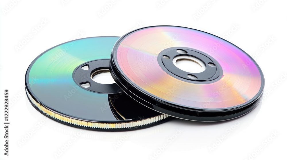 Compact discs and DVDs stacked on a white background showcasing vibrant colors with ample copy space for creative text placement. Compact discs and DVDs stacked on a white background showcasing vibrant colors with ample copy space for creative text placement.