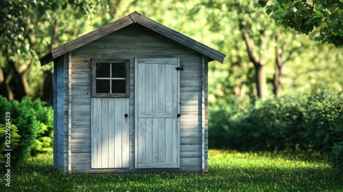 Compact garden shed in lush greenery offering outdoor storage solutions with ample space for text and personalization. photo