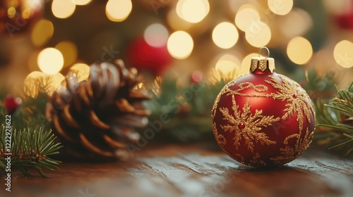 Elegant holiday ornament and pine cone on a wooden tabletop with blurred festive lights in the background creating a warm seasonal atmosphere