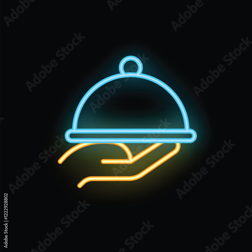 Neon sign of a hand holding a covered restaurant platter glowing on a black background