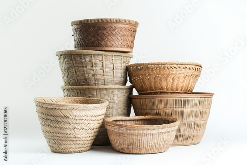 A Collection of Exquisite Hand-Woven Baskets, showcasing the beauty of natural materials.  Perfect for storage, decor, and organization.  A testament to traditional craftsmanship. photo