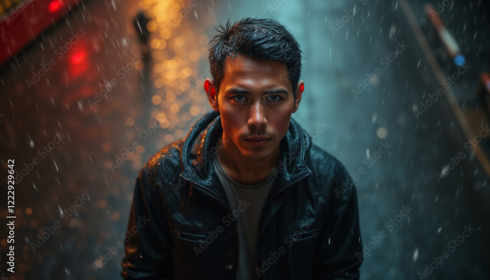 portrait of a man on the street of a night city, it's raining, street lights are reflected, raindrops, gloomy surroundings at dusk portrait of a man on the street of a night city, it's raining, street lights are reflected, raindrops, gloomy surroundings at dusk