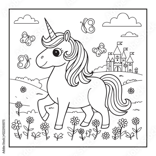 Hand drawn unicorn coloring book illustration children drawing