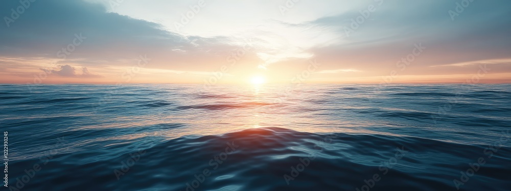 Fototapeta premium Serene sunset over calm ocean waters with vibrant colors creating an ideal backdrop for text or creative projects.