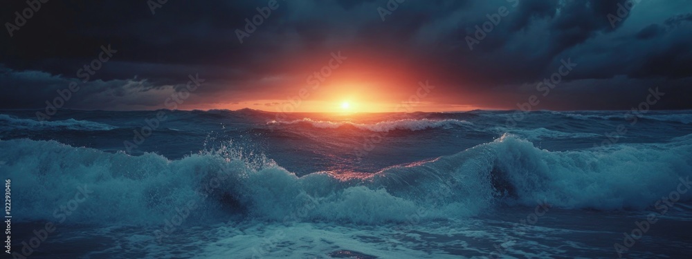 Dramatic sunset over a turbulent beach with foamy waves and empty space for text or branding ideal for promotional materials or backgrounds Dramatic sunset over a turbulent beach with foamy waves and empty space for text or branding ideal for promotional materials or backgrounds