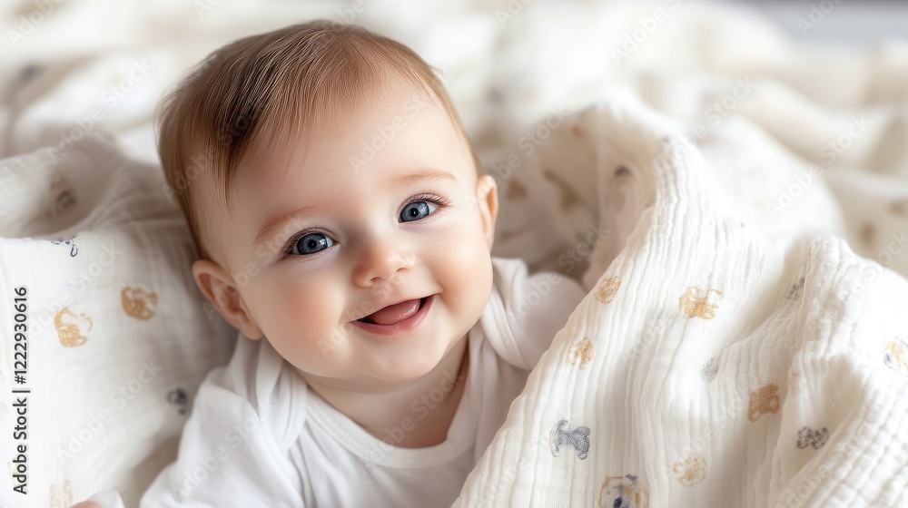 Charming Smiling Baby Wrapped in Soft Blanket with Warm Expression and Cozy Environment Ideal for Family or Infant Related Themes Charming Smiling Baby Wrapped in Soft Blanket with Warm Expression and Cozy Environment Ideal for Family or Infant Related Themes