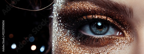 Glamorous Close-Up of Eye Makeup with Glitter Details and Space for Text Overlay photo